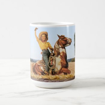 Vintage Western Cowgirl On Horse Waving Coffee Mug by RODEODAYS at Zazzle