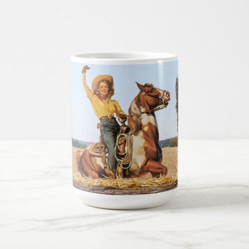 Vintage Western Cowgirl On Horse Waving Coffee Mug