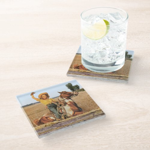 Vintage Western Cowgirl On Horse Waving  Glass Coaster