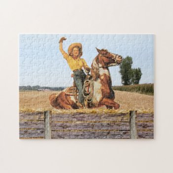 Vintage Western Cowgirl On Horse Waving  Jigsaw Puzzle by RODEODAYS at Zazzle