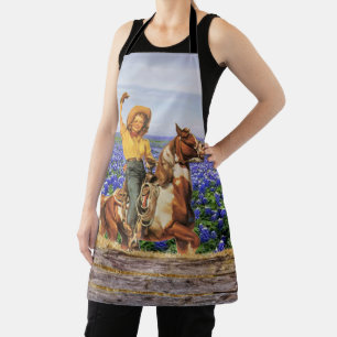 Vintage Western Cowgirl On Horse Waving (M) Apron