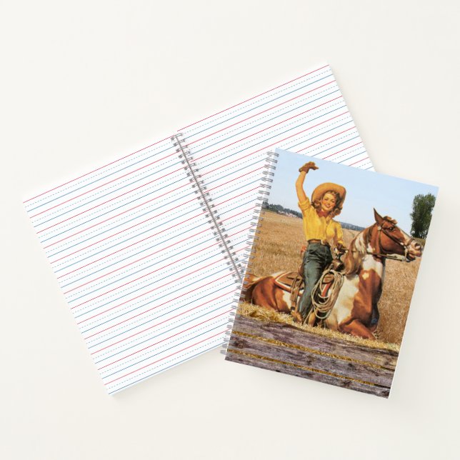 Vintage Western Cowgirl On Horse Waving  Notebook (Inside)