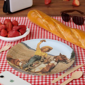 Vintage Western Cowgirl On Horse Waving   Paper Plates by RODEODAYS at Zazzle