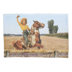 Vintage Western Cowgirl On Horse Waving  Pillow Case