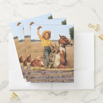Vintage Western Cowgirl On Horse Waving   Pocket Folder by RODEODAYS at Zazzle