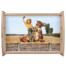 Vintage Western Cowgirl On Horse Waving Serving Tray