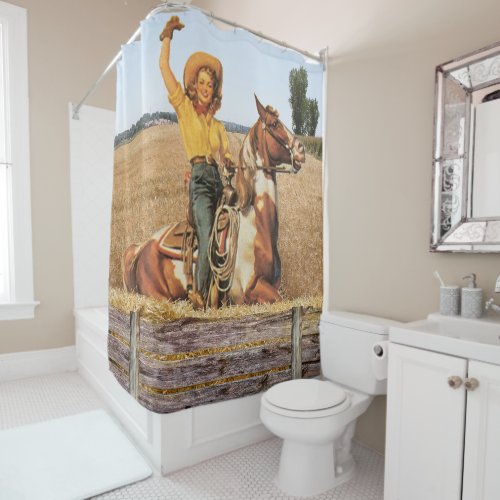 Vintage Western Cowgirl On Horse Waving  Shower Curtain