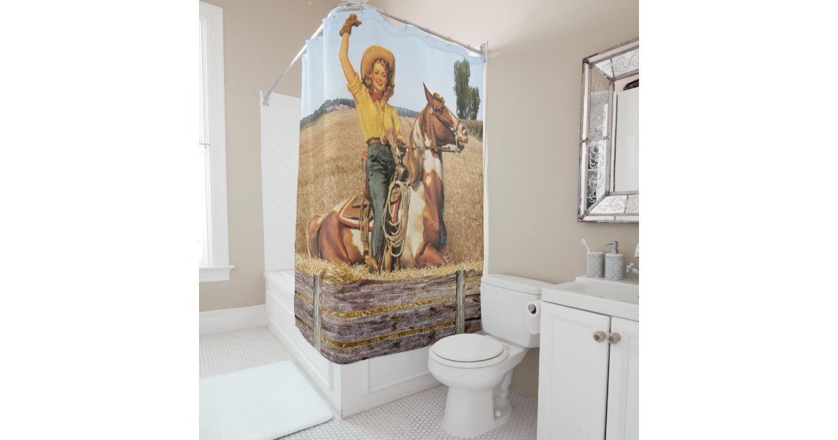 Vintage Western Cowgirl On Horse Waving Shower Curtain Zazzle