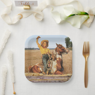 Vintage Western Cowgirl On Horse Waving Square Paper Plates