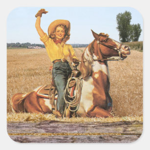Vintage Western Cowgirl On Horse Waving   Square Sticker