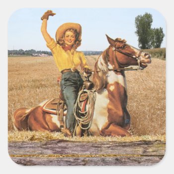 Vintage Western Cowgirl On Horse Waving   Square Sticker by RODEODAYS at Zazzle