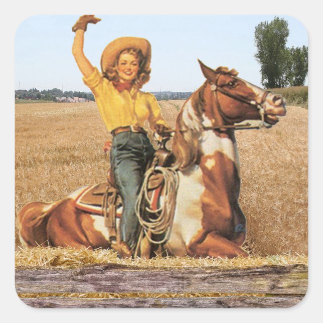 Vintage Western Cowgirl On Horse Waving   Square Sticker (Front)