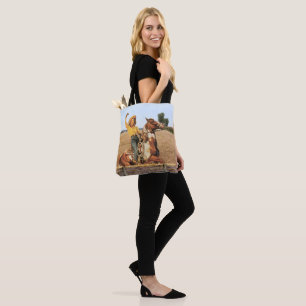 Vintage Western Cowgirl On Horse Waving Tote Bag