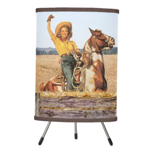 Vintage Western Cowgirl On Horse Waving   Tripod Lamp