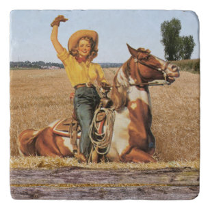 Vintage Western Cowgirl On Horse Waving Trivet