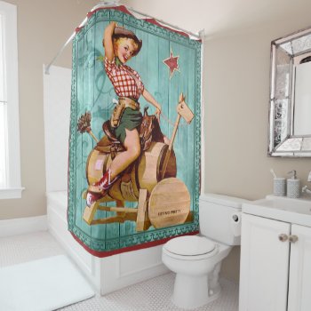 Vintage Western Cowgirl On Wooden Horse Shower Curtain by RODEODAYS at Zazzle