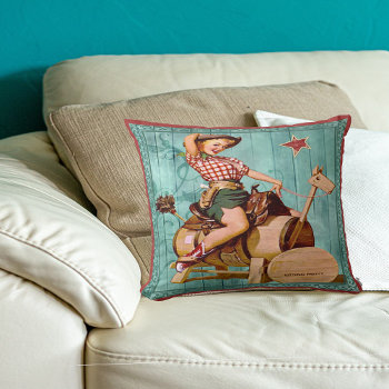 Vintage Western Cowgirl On Wooden Horse Throw Pillow by RODEODAYS at Zazzle