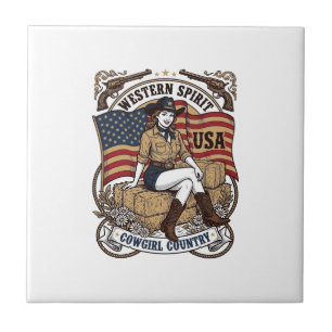 Vintage Western Cowgirl Patriotic Shirt Design_1 Ceramic Tile