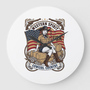 Vintage Western Cowgirl Patriotic Shirt Design_1 Large Clock