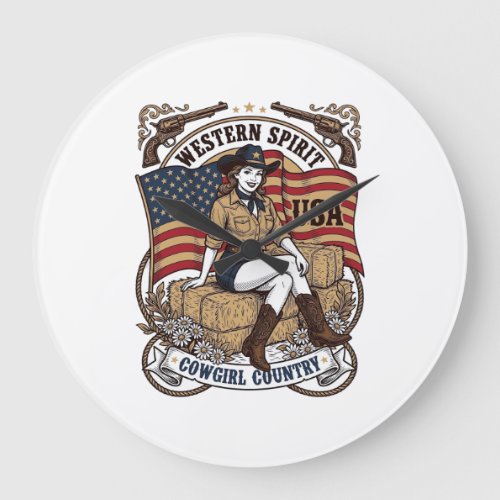 Vintage Western Cowgirl Patriotic Shirt Design_1 Large Clock