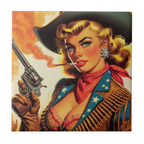 Vintage Western Cowgirl Pin Up Ceramic Tile