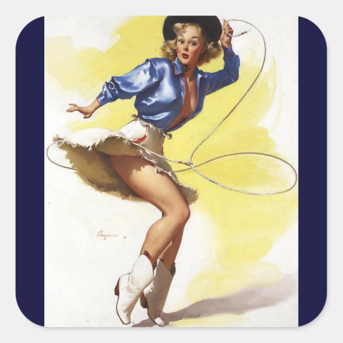 Vintage Western Cowgirl Pin Up Girl Square Sticker