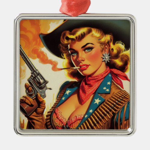 Vintage Western Cowgirl Pin Up Metal Ornament
