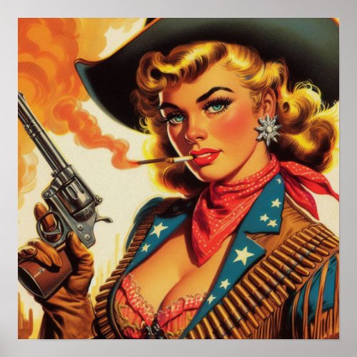 Vintage Western Cowgirl Pin Up Poster