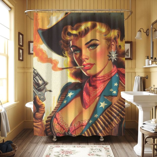 Vintage Western Cowgirl Pin Up Shower Curtain (Creator Uploaded)