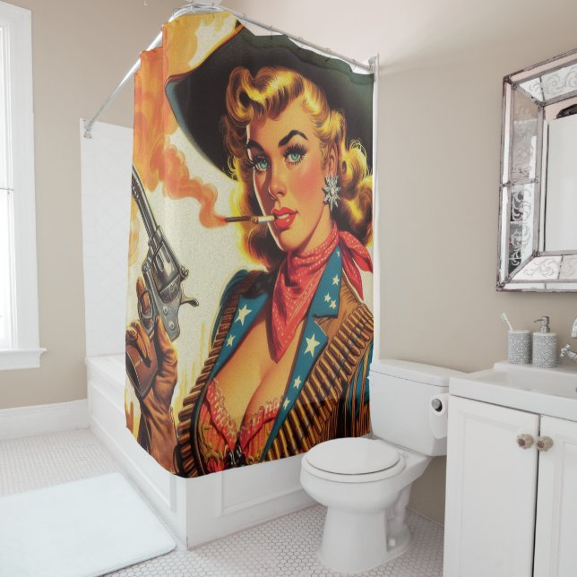 Vintage Western Cowgirl Pin Up Shower Curtain (In Situ)