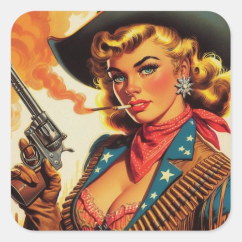 Vintage Western Cowgirl Pin Up Square Sticker