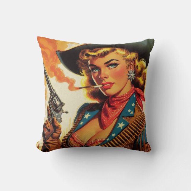 Vintage Western Cowgirl Pin Up Throw Pillow (Front)