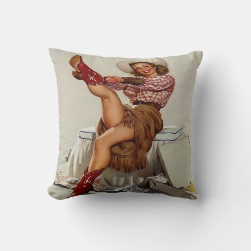 Vintage Western Cowgirl Putting on Boots Throw Pillow