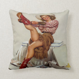 Vintage Western Cowgirl Putting on Boots Throw Pillow