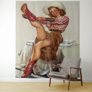 Vintage Western Cowgirl Putting On Red Boots Tapestry