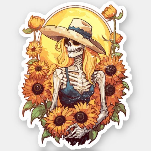 Vintage Western Cowgirl Skeleton With Sunflowers Sticker