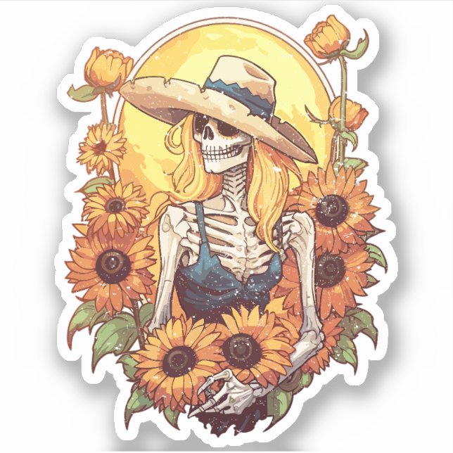 Vintage Western Cowgirl Skeleton With Sunflowers Sticker (Front)