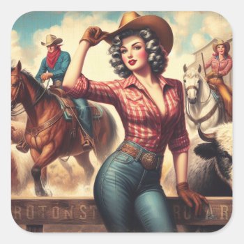 Vintage Western Cowgirl Square Sticker by retrokdr at Zazzle