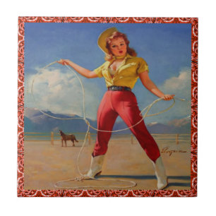 Vintage Western Cowgirl With Rope Ceramic Tile