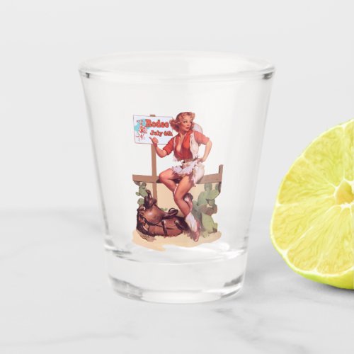 Vintage Western Cowgirl With Saddle And Rodeo Sign Shot Glass