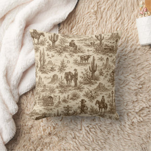 Vintage Western Desert Toile Seamless Pattern Throw Pillow