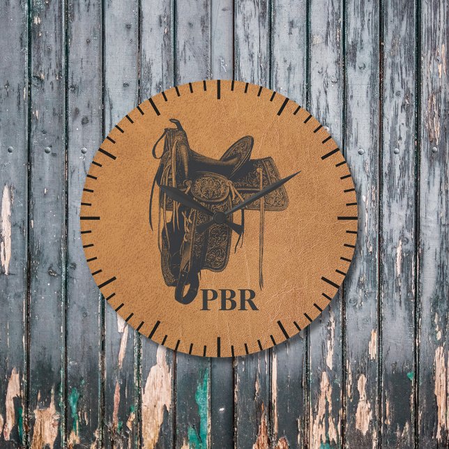 Vintage Western Horse Saddle Monogram   Large Clock (Creator Uploaded)