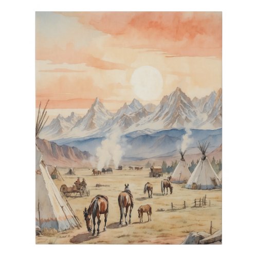 Vintage Western Native American Art Teepee Horses Faux Canvas Print