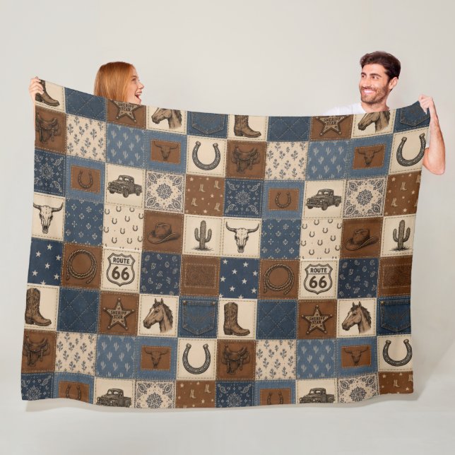 Vintage Western Patchwork Quilt Pattern Fleece Blanket (In Situ)