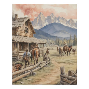 Vintage Western Pioneer Rustic Log Cabin Faux Canvas Print