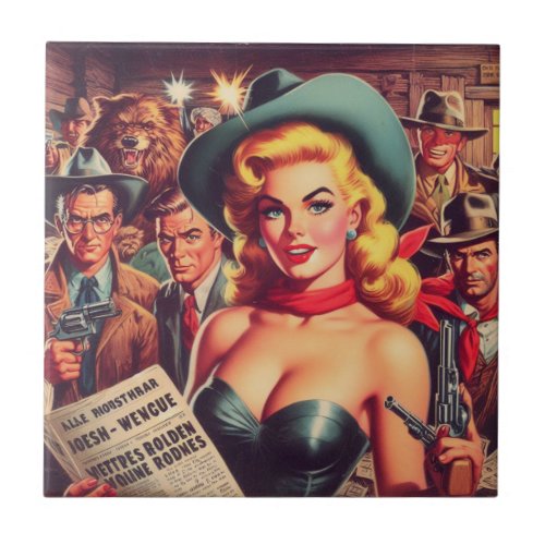 Vintage Western Pulp Girl Ceramic Tile