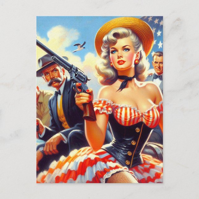 Vintage Western Pulp Girl Postcard (Front)