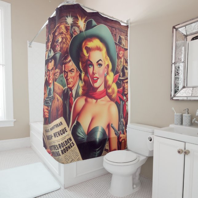 Vintage Western Pulp Girl Shower Curtain (In Situ)