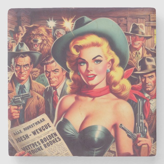 Vintage Western Pulp Girl Stone Coaster (Front)