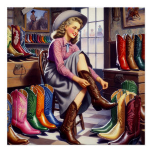 Vintage Western Retro Cowgirl Boot Shopping Poster